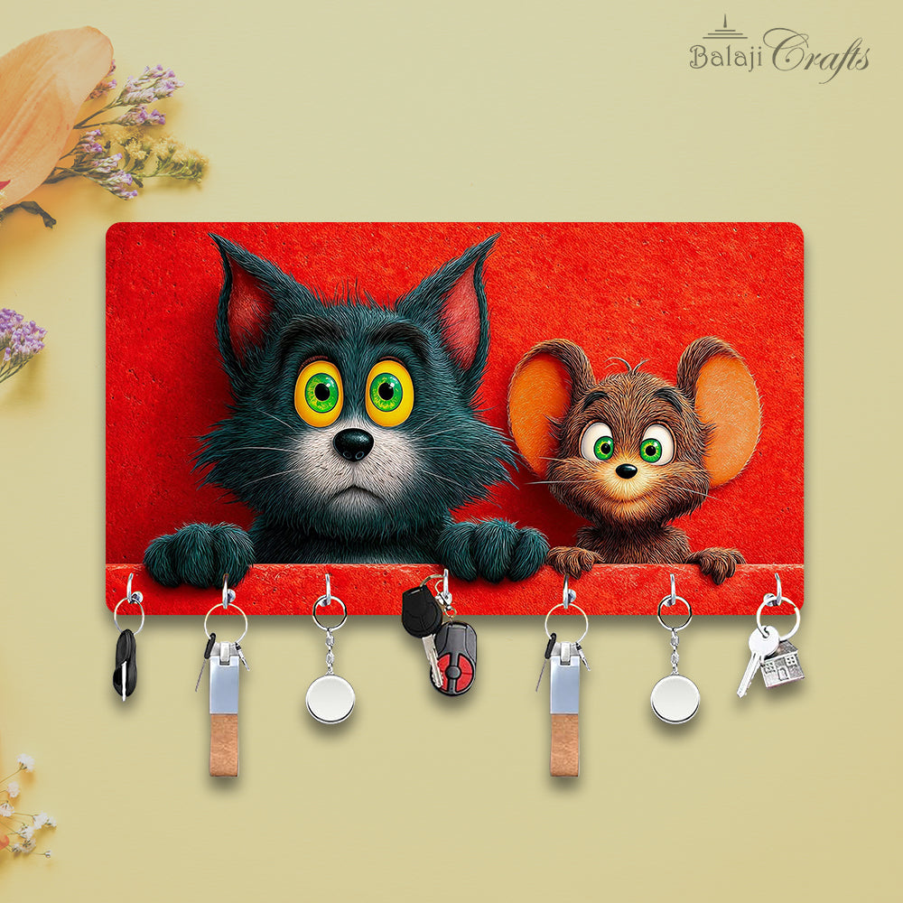 Balaji Crafts Cute Cat & Mouse HD Printed MDF Wooden Key Holder | 7 Hooks | Wall Mounted Key Stand | Cartoon Wall Decor for Home | 11.5 x 6.5 Inch