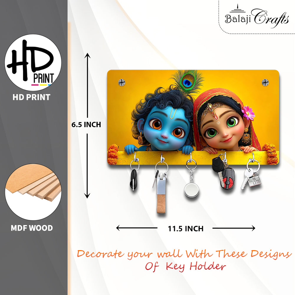 Balaji Crafts Radha Krishna HD Printed MDF Wooden Key Holder | 5 Hooks | Wall Mounted Key Stand | Home Entrance & Living Room Decor | 11.5 x 6.5 Inch