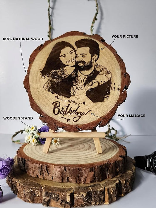 Personalized Wooden Photo Frame with Stand | Natural Himalayan Deodar Wood | Custom Engraved Photo Gift | Round Wooden Slice Plaque | Birthday, Anniversary & Couple Gift