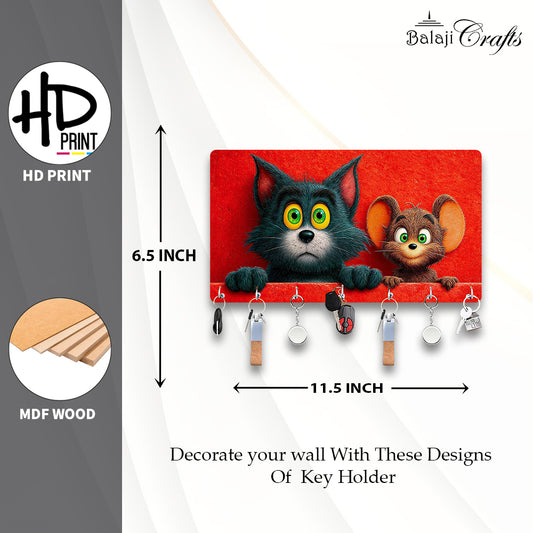 Balaji Crafts Cute Cat & Mouse HD Printed MDF Wooden Key Holder | 7 Hooks | Wall Mounted Key Stand | Cartoon Wall Decor for Home | 11.5 x 6.5 Inch
