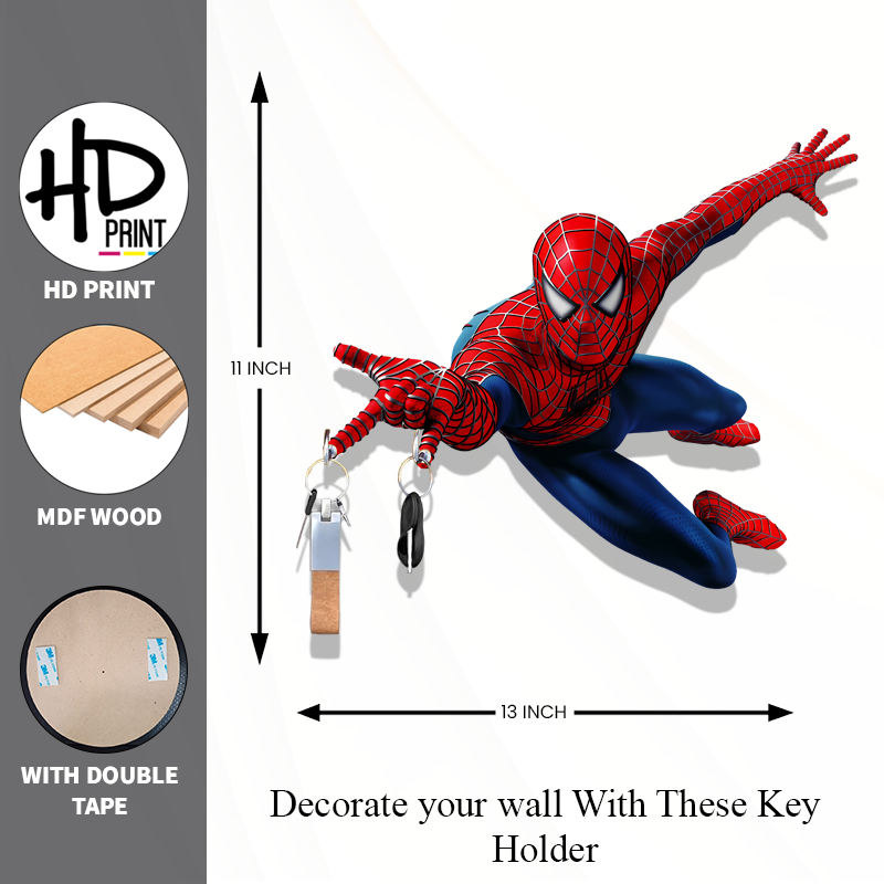 Balaji Crafts Spider Hero HD Printed MDF Wooden Key Holder | 2 Hooks | Wall Mounted Superhero Key Stand | Kids Room & Home Wall Decor | 13 x 11 Inch