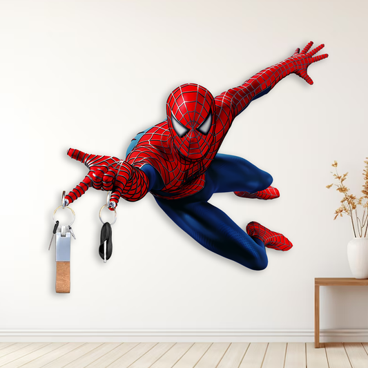Balaji Crafts Spider Hero HD Printed MDF Wooden Key Holder | 2 Hooks | Wall Mounted Superhero Key Stand | Kids Room & Home Wall Decor | 13 x 11 Inch