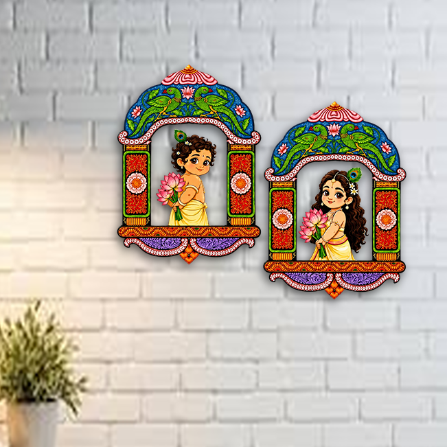 Balaji Crafts Radha Krishna MDF Wall Hanging Set | Traditional Temple Arch Design | Decorative Wall Art for Home, Living Room & Pooja Room | 11 x 8 Inch (Set of 2)