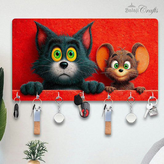Balaji Crafts Cute Cat & Mouse HD Printed MDF Wooden Key Holder | 7 Hooks | Wall Mounted Key Stand | Cartoon Wall Decor for Home | 11.5 x 6.5 Inch