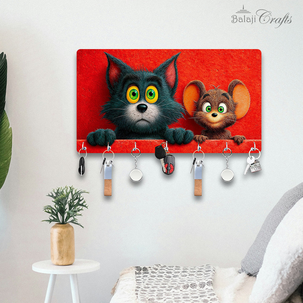 Balaji Crafts Cute Cat & Mouse HD Printed MDF Wooden Key Holder | 7 Hooks | Wall Mounted Key Stand | Cartoon Wall Decor for Home | 11.5 x 6.5 Inch