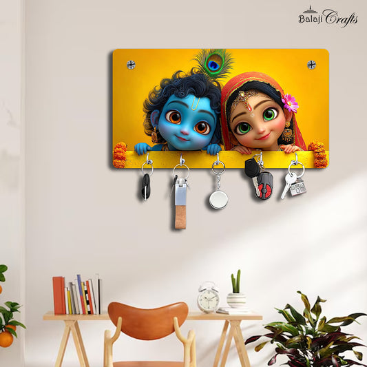 Balaji Crafts Radha Krishna HD Printed MDF Wooden Key Holder | 5 Hooks | Wall Mounted Key Stand | Home Entrance & Living Room Decor | 11.5 x 6.5 Inch