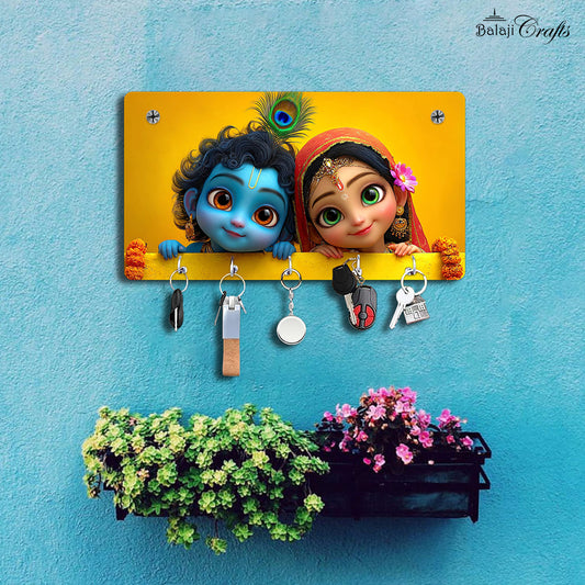 Balaji Crafts Radha Krishna HD Printed MDF Wooden Key Holder | 5 Hooks | Wall Mounted Key Stand | Home Entrance & Living Room Decor | 11.5 x 6.5 Inch