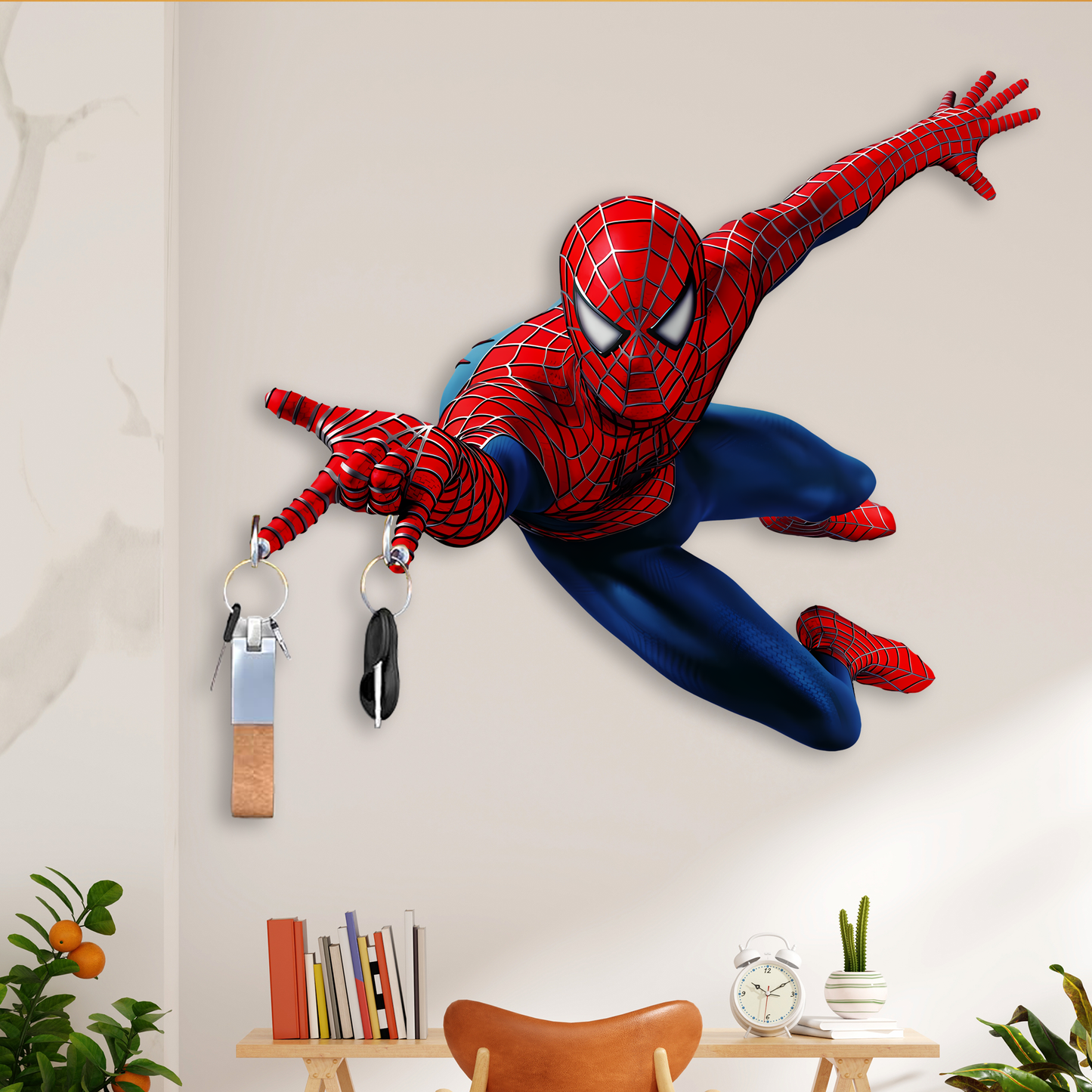 Balaji Crafts Spider Hero HD Printed MDF Wooden Key Holder | 2 Hooks | Wall Mounted Superhero Key Stand | Kids Room & Home Wall Decor | 13 x 11 Inch