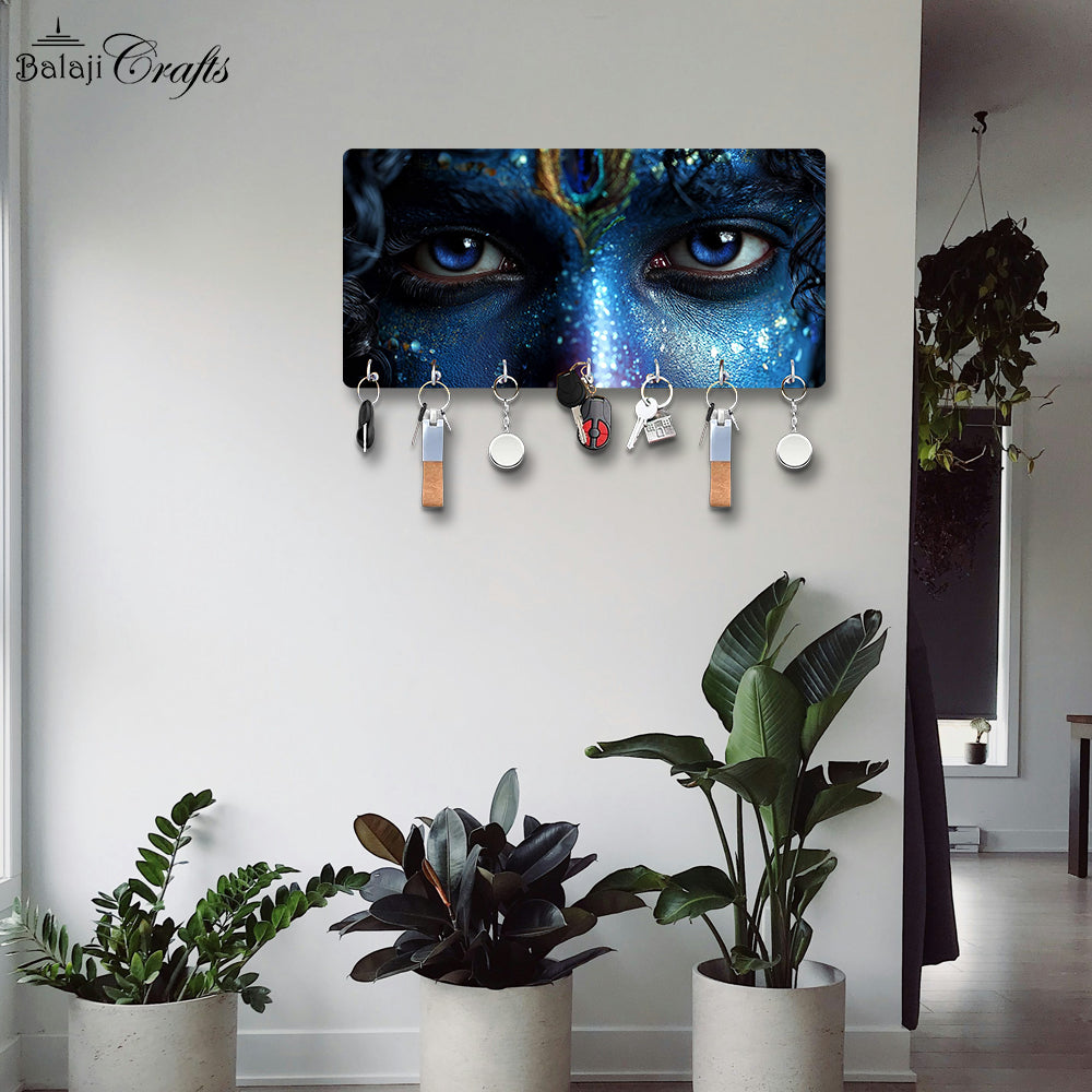 Balaji Crafts Lord Krishna HD Printed MDF Wooden Key Holder | 7 Hooks | Wall Mounted Key Stand | Krishna Eyes Wall Decor | 11 x 7 Inch