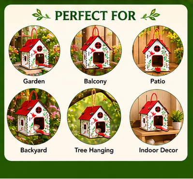 Premium Decorative Hanging Bird House for Garden & Balcony | Wooden Bird Nest House with Rope