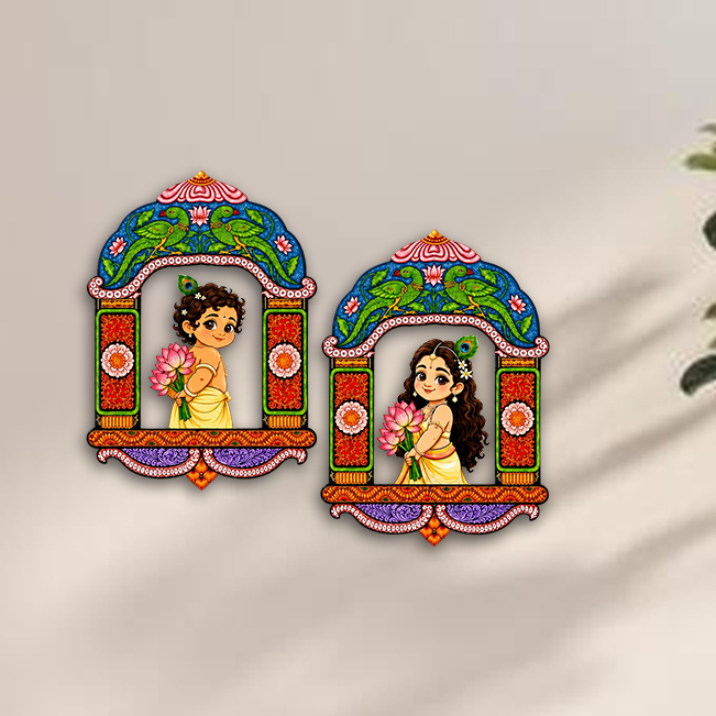 Balaji Crafts Radha Krishna MDF Wall Hanging Set | Traditional Temple Arch Design | Decorative Wall Art for Home, Living Room & Pooja Room | 11 x 8 Inch (Set of 2)