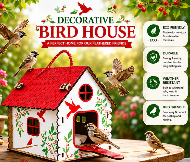 Premium Decorative Hanging Bird House for Garden & Balcony | Wooden Bird Nest House with Rope