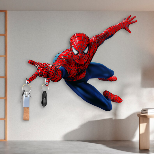 Balaji Crafts Spider Hero HD Printed MDF Wooden Key Holder | 2 Hooks | Wall Mounted Superhero Key Stand | Kids Room & Home Wall Decor | 13 x 11 Inch