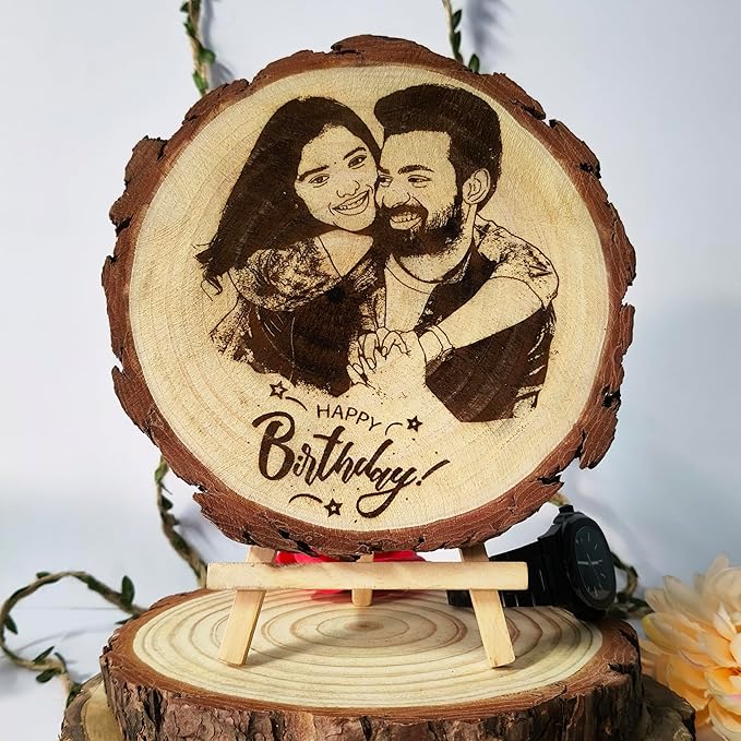 Personalized Wooden Photo Frame with Stand | Natural Himalayan Deodar Wood | Custom Engraved Photo Gift | Round Wooden Slice Plaque | Birthday, Anniversary & Couple Gift