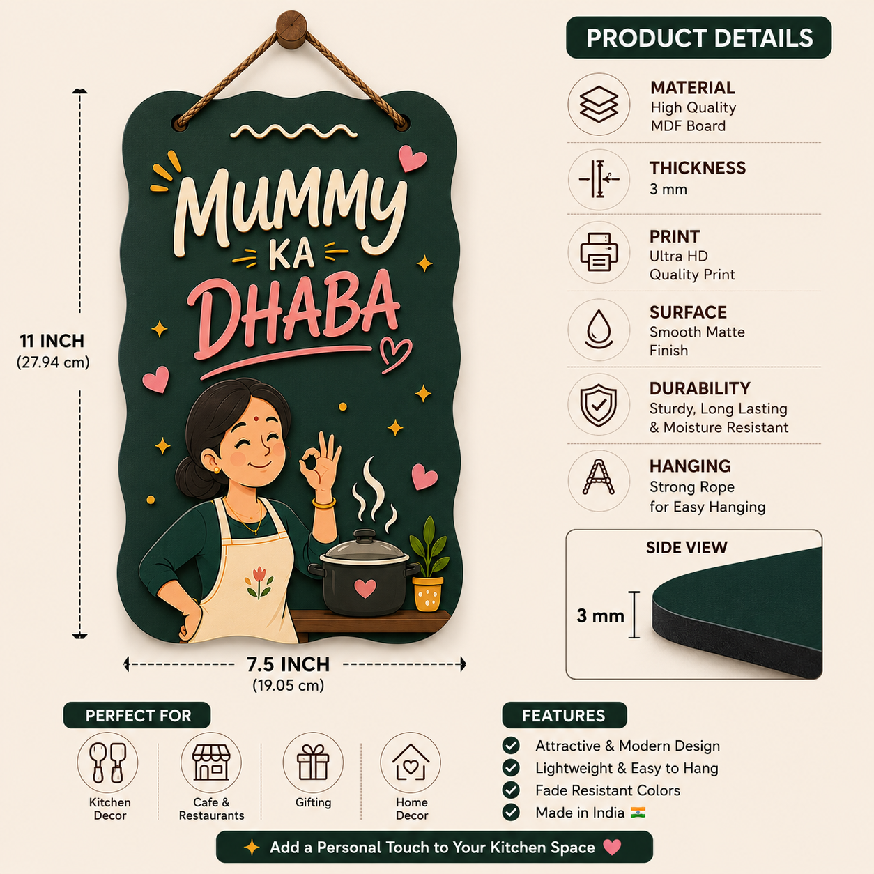 Balaji Crafts "Mummy Ka Dhaba" Kitchen Wall Hanging | Premium MDF Wooden Hanging Sign | HD Printed Kitchen Decor | 11 x 7.5 Inch