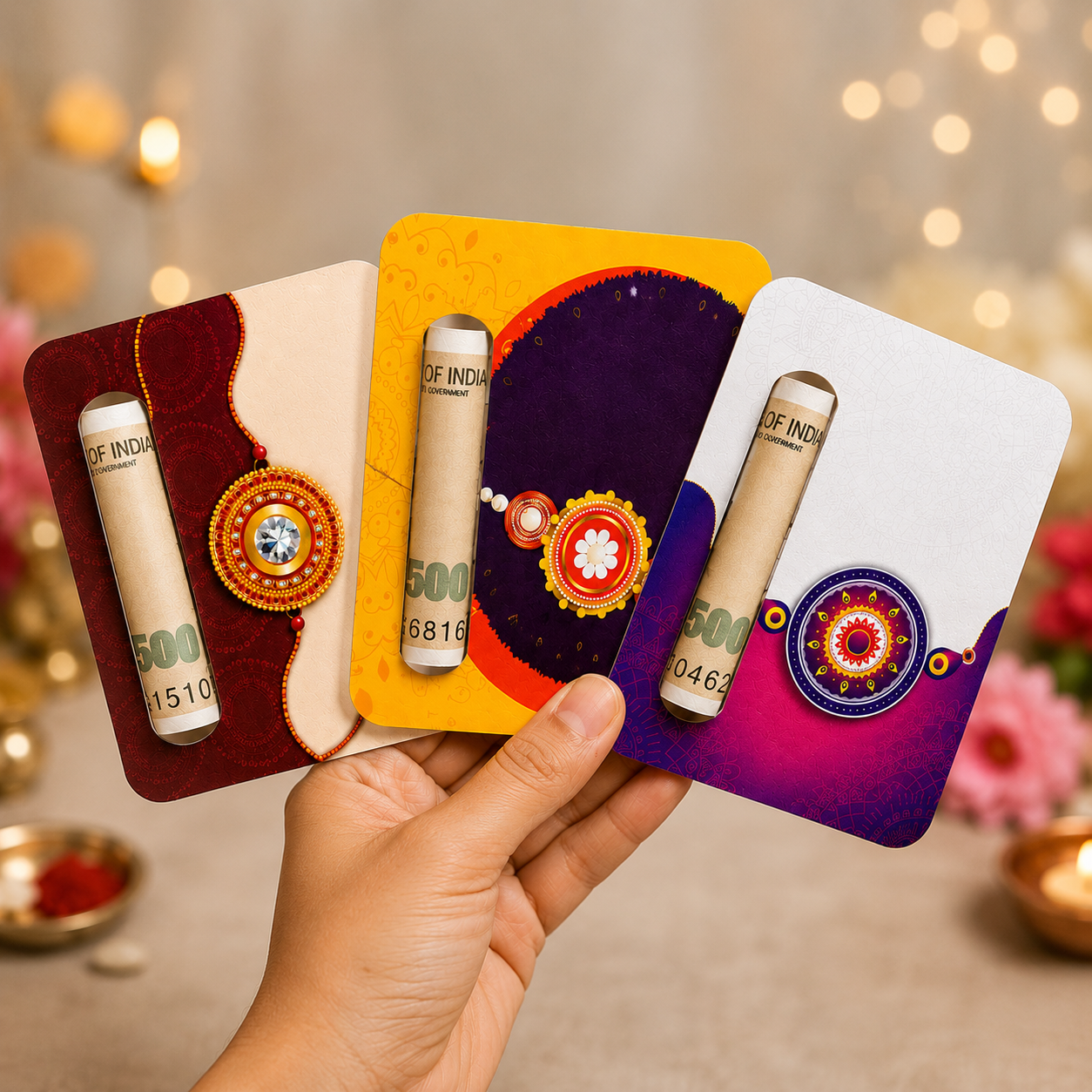 Raksha Bandhan MDF Cash Holder Card Set | Pack of 3 Premium Money Holder Cards | Rakhi Gift for Brother | Reusable Cash Envelope Holder | Made in India