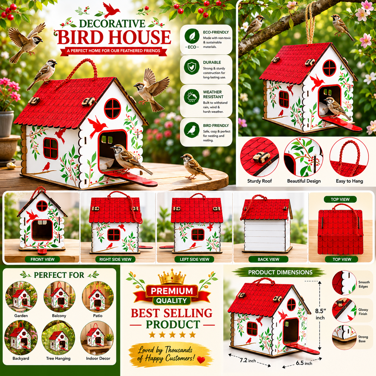 Premium Decorative Hanging Bird House for Garden & Balcony | Wooden Bird Nest House with Rope