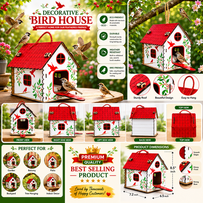 Premium Decorative Hanging Bird House for Garden & Balcony | Wooden Bird Nest House with Rope