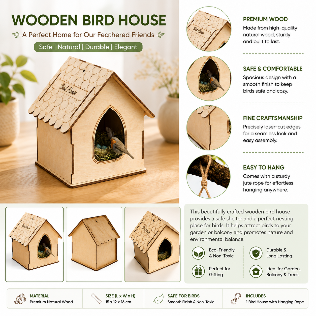 Premium Wooden Hanging Bird House for Balcony & Garden | Decorative Bird Nesting House