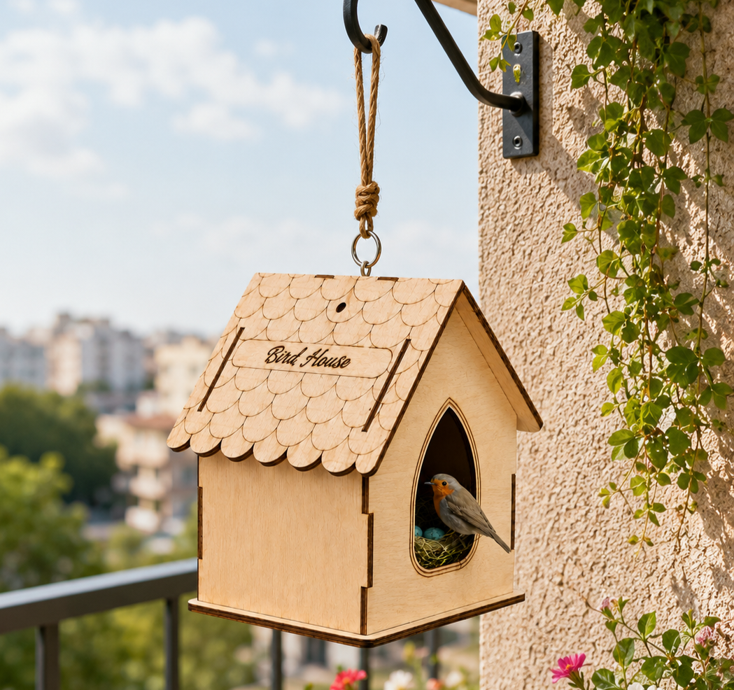 Premium Wooden Hanging Bird House for Balcony & Garden | Decorative Bird Nesting House