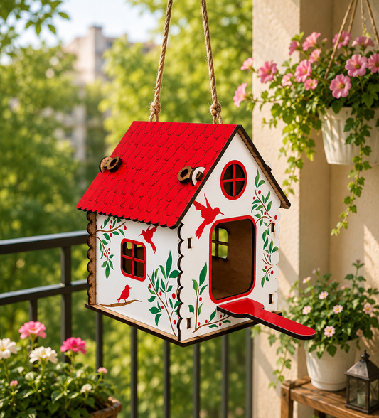 Premium Decorative Hanging Bird House for Garden & Balcony | Wooden Bird Nest House with Rope