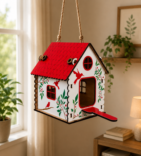 Premium Decorative Hanging Bird House for Garden & Balcony | Wooden Bird Nest House with Rope