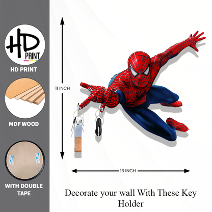 Balaji Crafts Spider Hero HD Printed MDF Wooden Key Holder | 2 Hooks | Wall Mounted Superhero Key Stand | Kids Room & Home Wall Decor | 13 x 11 Inch