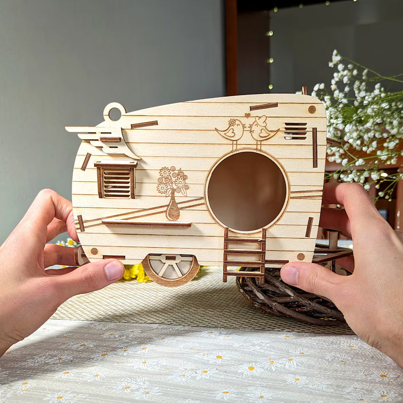 Wooden Caravan Bird House for Balcony & Garden | Decorative Hanging Bird Nest Box