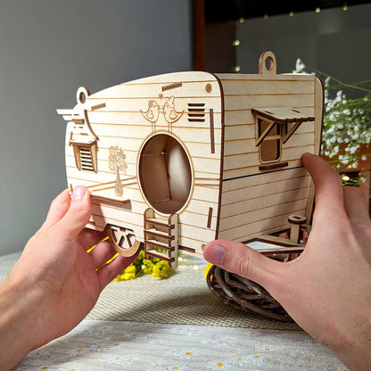Wooden Caravan Bird House for Balcony & Garden | Decorative Hanging Bird Nest Box